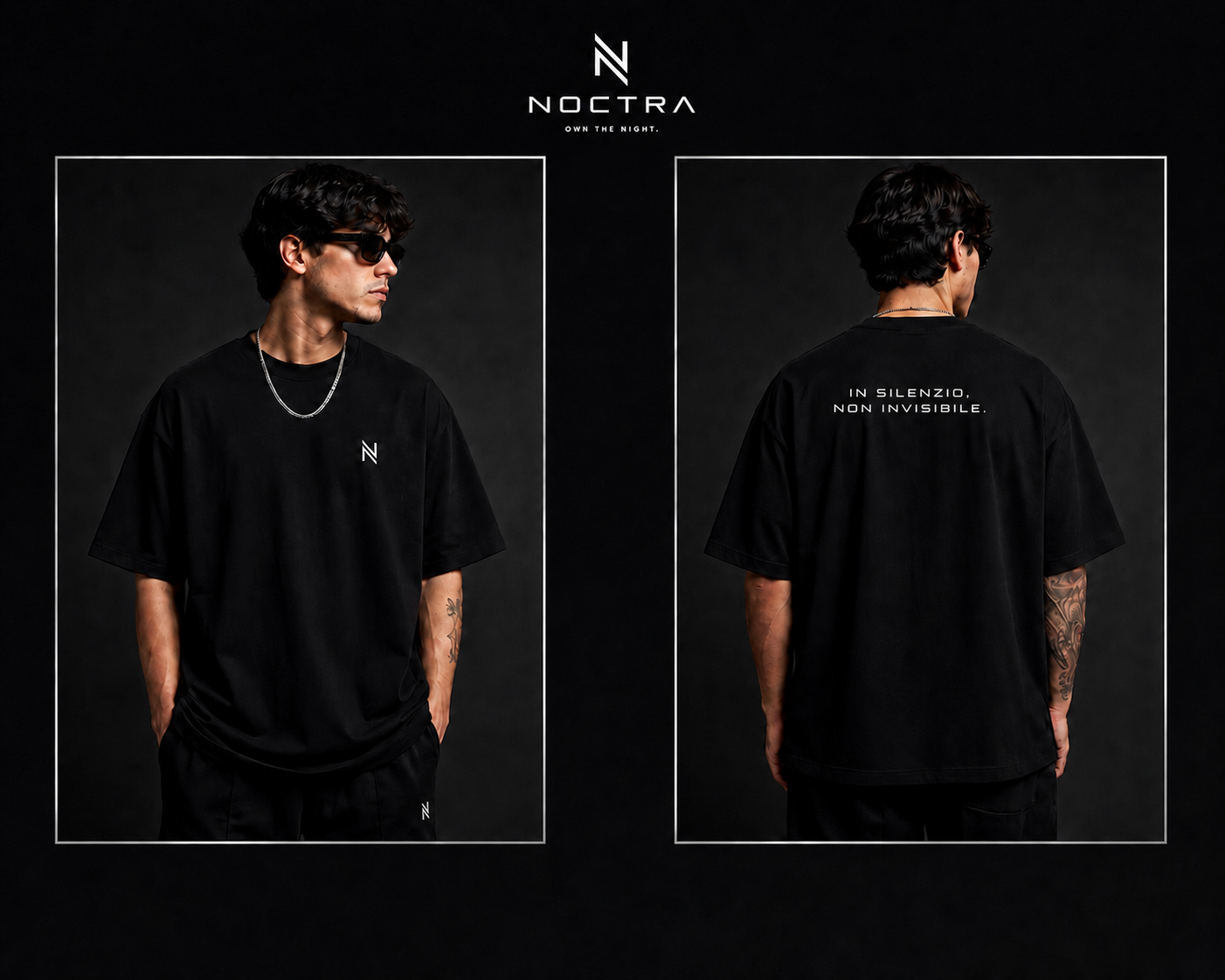 Vista frontal y trasera de la playera NOCTRA con slogan centrado